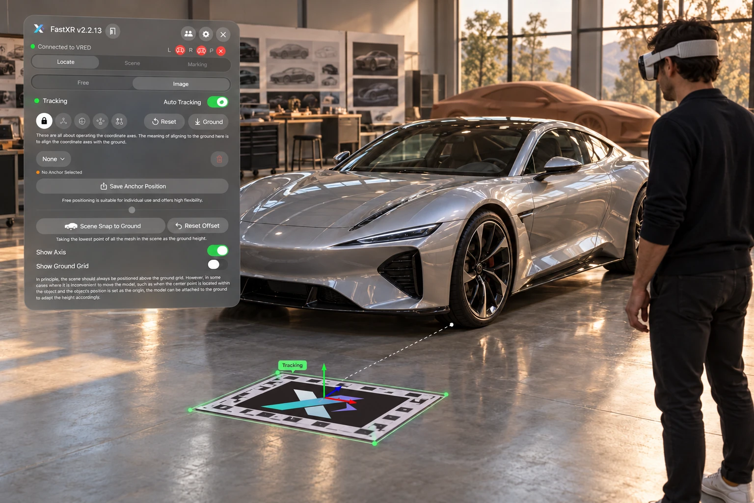 FastXR 定位地标与工作室中的银色跑车